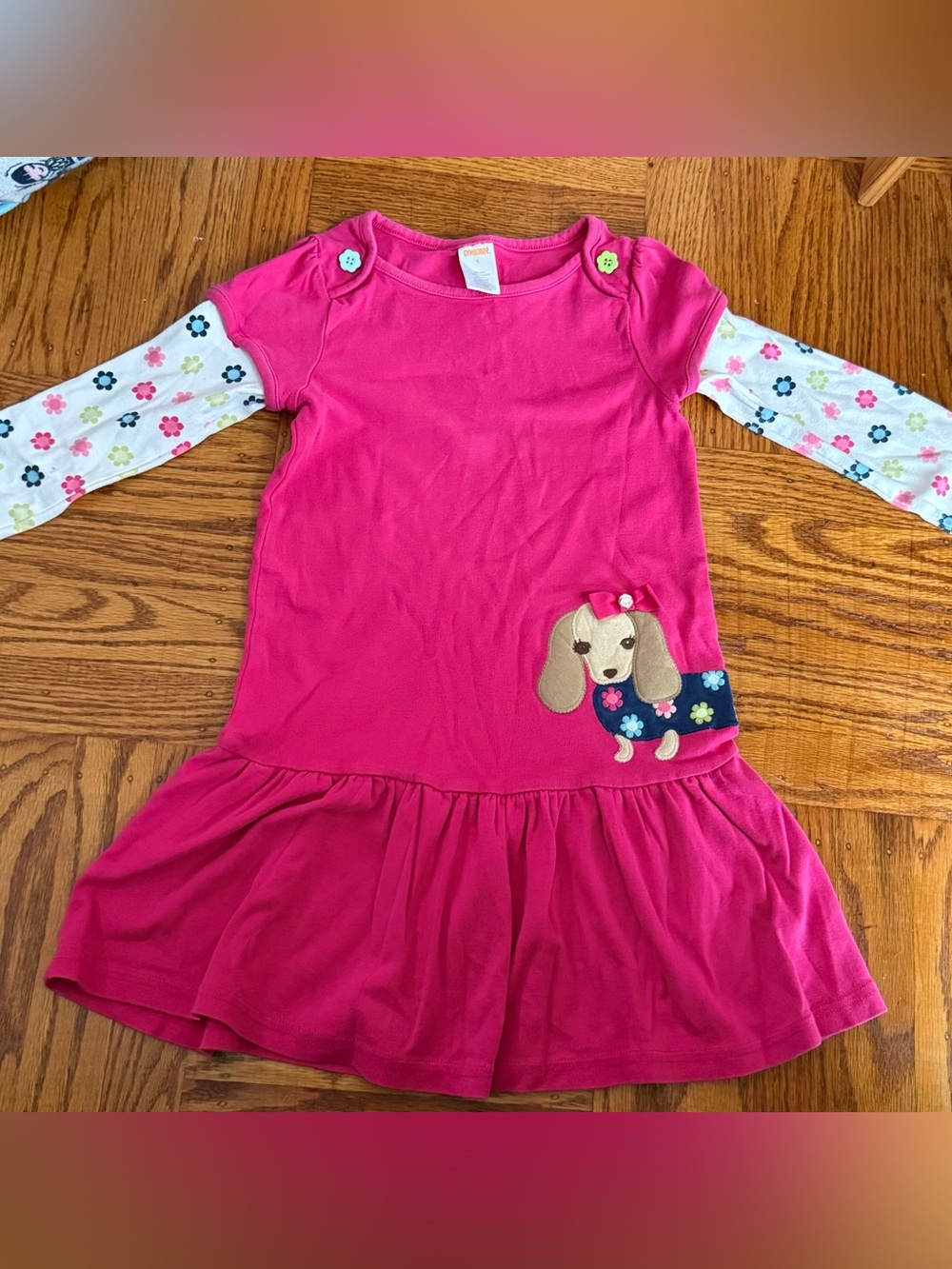 Gymboree Hot Pink Dress with Puppy Applique and Floral Sleeves